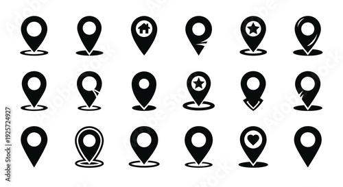Collection of black map marker icons arranged in a grid silhouette
