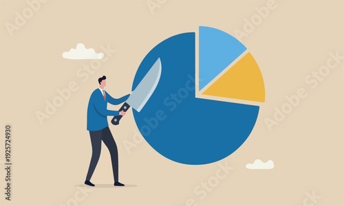 Market share revenue investment earning and profit pie chart, business competition percent diagram concept, businessman company owner cut out or split pie chart for his sharing part.