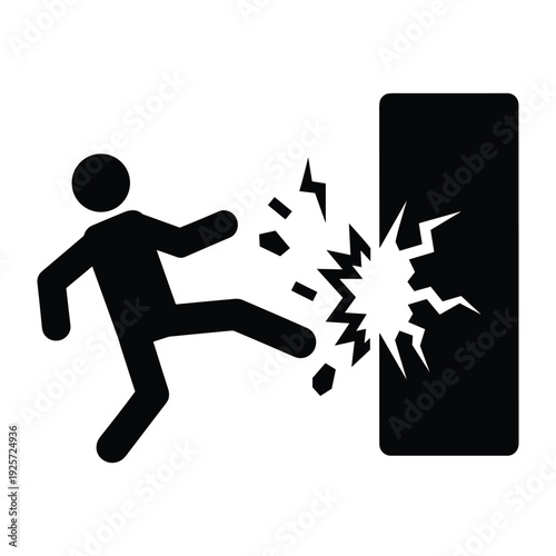 Black silhouette icon showing a man kicking a solid wall until it shatters