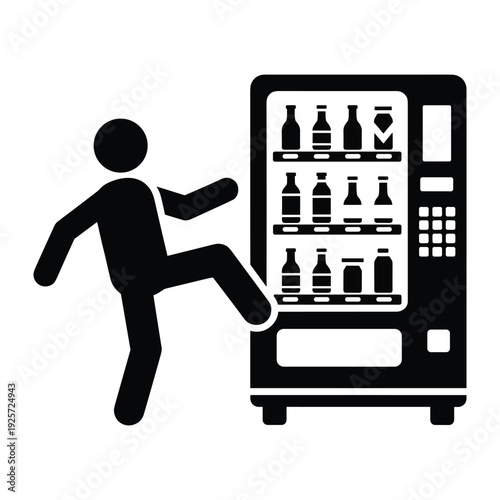 Silhouette of a frustrated man kicking an automatic beverage dispenser filled with glass bottles