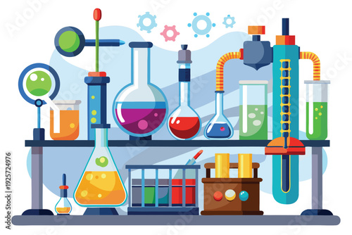 Various colorful laboratory beakers and flasks fill the on laboratory shelves for experimentation