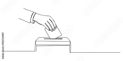 Continuous one line of a hand placing a vote in a ballot box, drawn illustration.