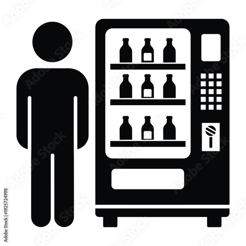 Black silhouette icon of a customer buying a beverage from an automatic drink dispenser