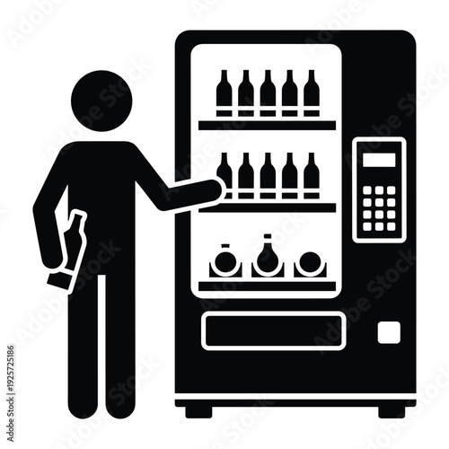 Stick figure man purchasing drink from automated vending machine filled with glass bottles