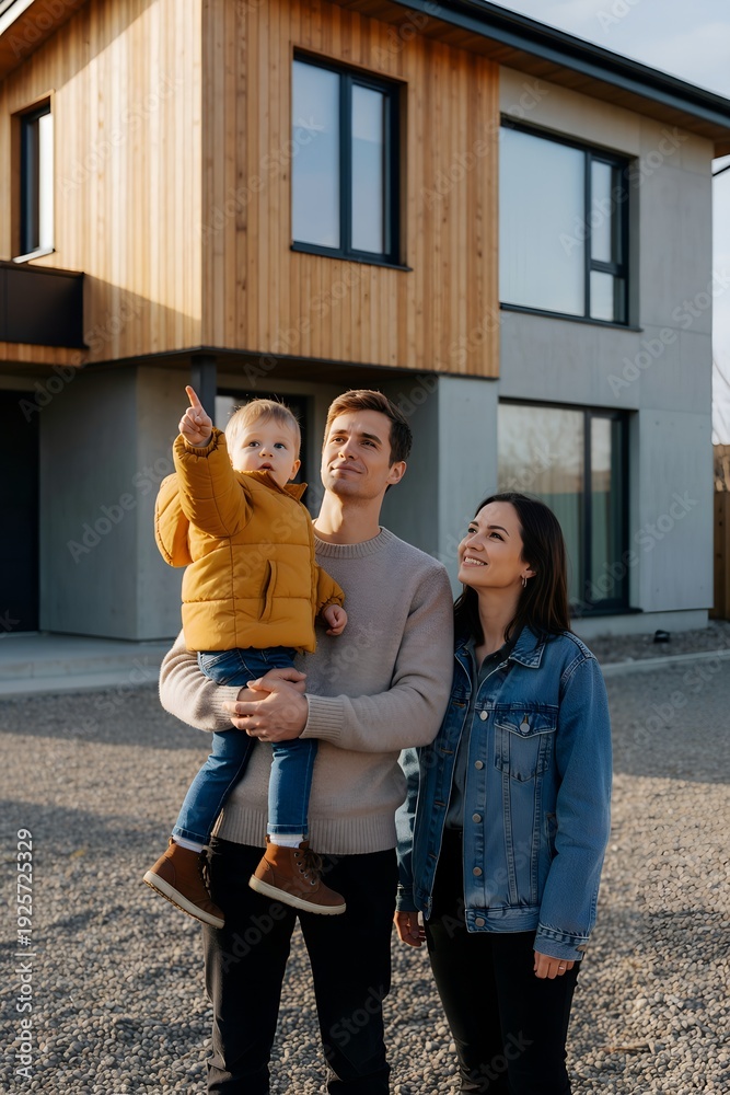 Obraz premium Young Family Standing Outside Modern New House