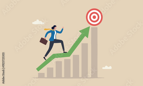 improvemen , progress challenge concept, businesswoman running up rising arrow on performance improvement bar graph