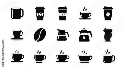 Various coffee related items depicted in a stark black silhouette