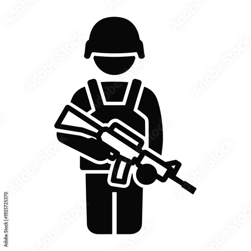 Black and white vector illustration of a military soldier standing with a gun