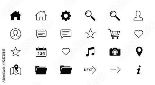 Collection of black icons depicting common user interface elements silhouette
