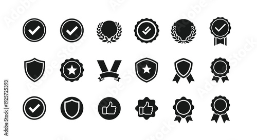 Collection of black award ribbons and badges in a flat style silhouette