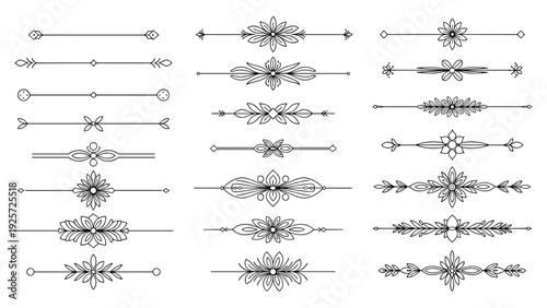 Large set of various decorative line dividers and flourishes in black line art for elegant document design.