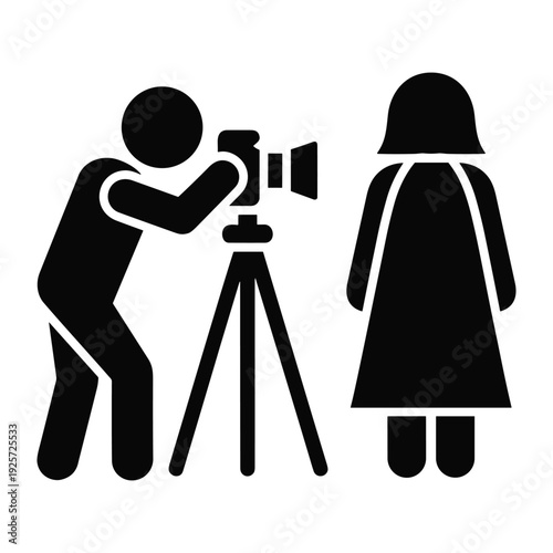 Black pictogram showing professional photographer with tripod taking photo of female model posing