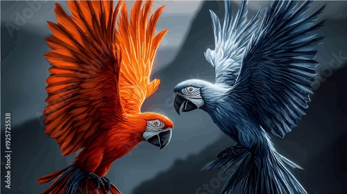 Colorful Macaw Parrots Facing Each Other with Spread Wings Illustration