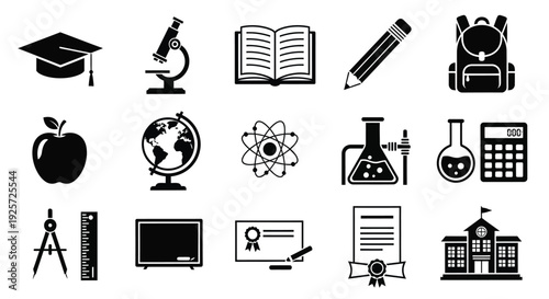 Educational icons representing learning science and school silhouette