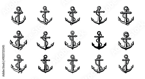 Repeating pattern of vintage nautical anchors in black silhouette