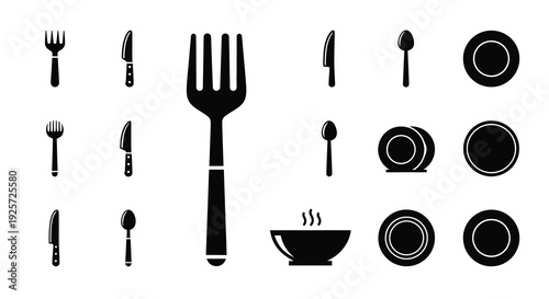Black silhouettes of cutlery plates and a bowl on a white background silhouette