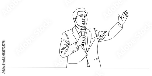 Continuous one line of a politician speaking at a rally, drawn illustration.