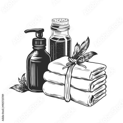 Stack of towels and cosmetics. Black and white monochrome Composition of elements for spa, aromatherapy, relaxation. Treatment and care concept. Vector illustration on transparent background
