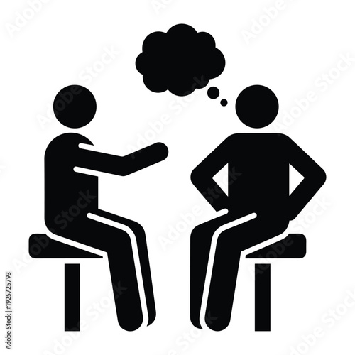 Pictogram of two individuals sitting on chairs communicating while one person is thinking