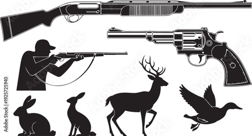 Black silhouettes of various hunting weapons like rifles and revolvers alongside wild animals