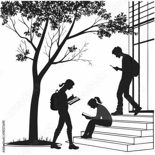 Diverse students engaging in reading and studying outside a contemporary campus building by a large tree