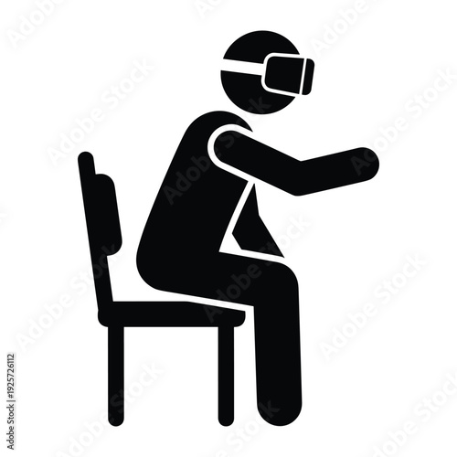 Stick figure man sitting in a chair using a vr headset for immersive experience