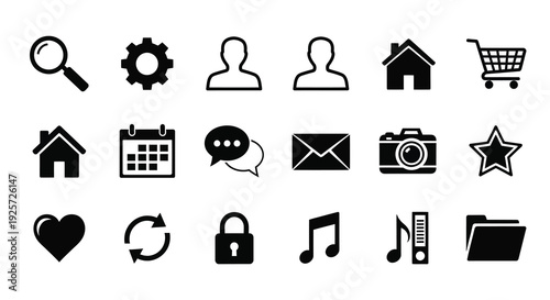 Collection of black icons representing common digital functions silhouette