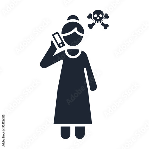 Elderly person talking on smartphone while skull icon indicates a scam or security threat