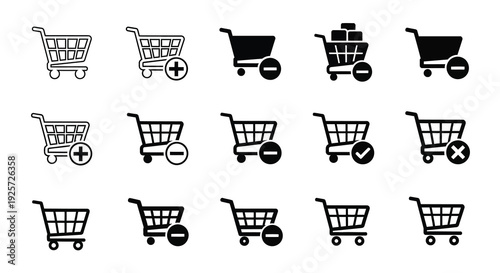 Collection of shopping cart icons in varying styles a black silhouette