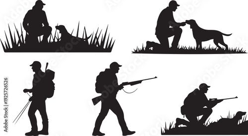 Silhouettes of hunters and their dogs performing various hunting activities in outdoor settings