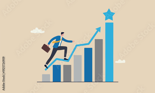Effort to reach success, ambition or determination to grow and reaching goal, courage and growth concept, ambitious businessman climb up chart and graph to the top of high bar.