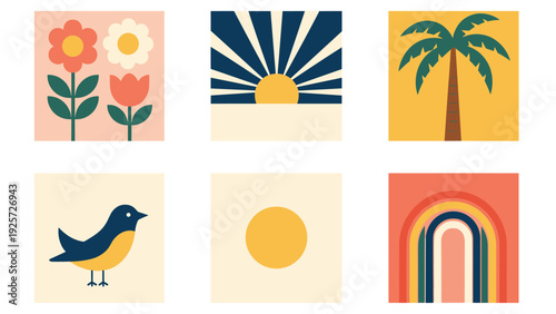 Grid of six retro style minimalist illustrations including flowers a rising sun a palm tree a bird and a rainbow in muted vintage colors.