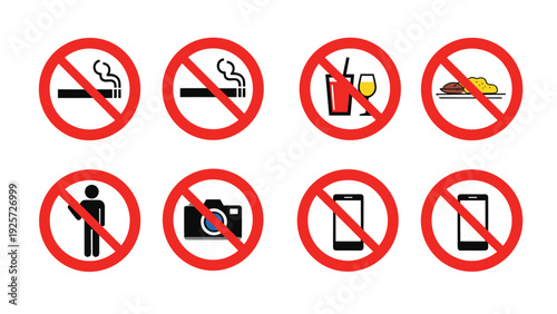 Collection of eight universal prohibition signs including no smoking no eating no photography and no cell phones with red circle border.