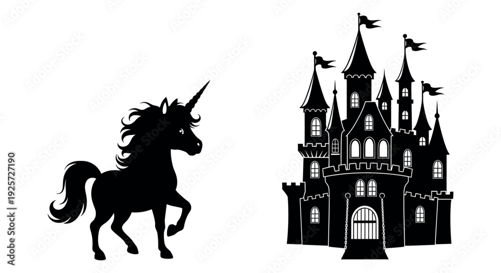 Naklejka premium Majestic unicorn approaches enchanted castle with towers and flags