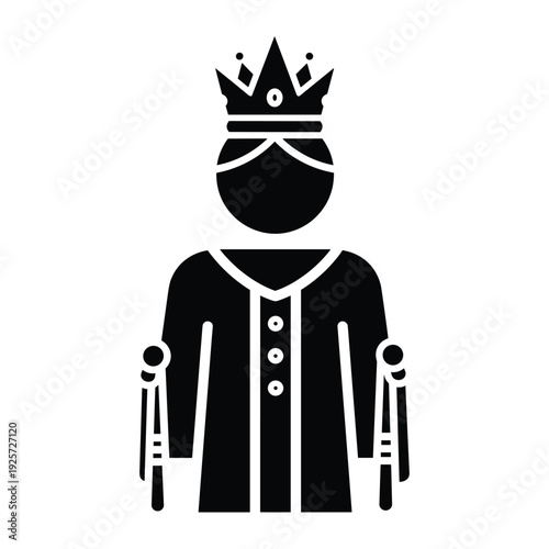 Black silhouette of a royal king wearing a crown and holding two ceremonial scepters