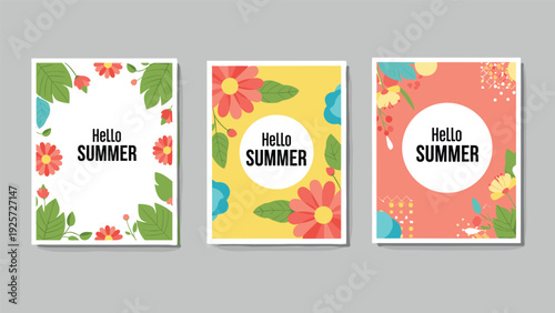 Set of three Hello Summer posters with vibrant floral designs colorful blooms and circular text areas for seasonal marketing events.