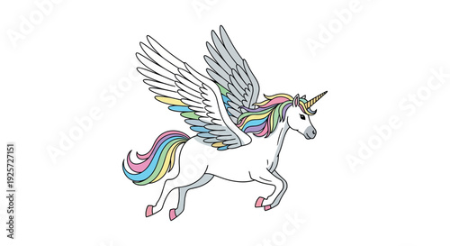 Magical white unicorn with rainbow mane flying through sparkling air