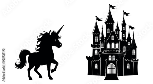 Majestic unicorn approaches enchanted castle with towers and flags