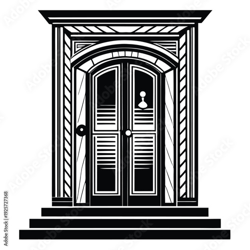 Regal black and white double doors with ornate architectural elements and grand entrance steps