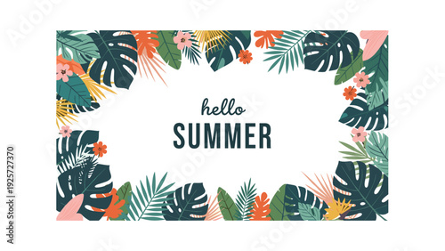 Tropical hello summer banner featuring a lush frame made of various colorful exotic leaves and flowers on a clean white background.