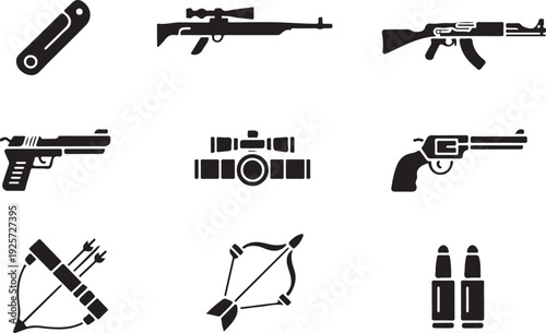 Various solid black icons illustrating different types of firearms, archery equipment, and ammunition