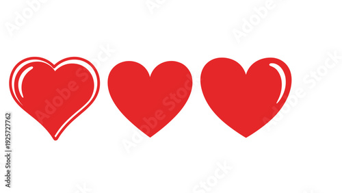 Three different styles of red heart icons displayed side by side on a plain white background for love and romantic graphic concepts.