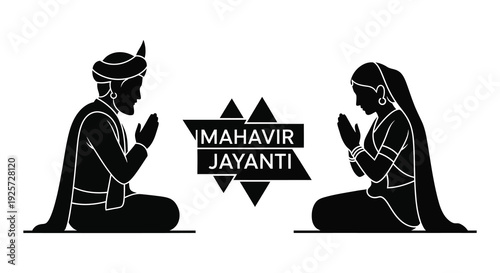 Mahavir Jayanti celebration with kneeling figures and text black silhouette