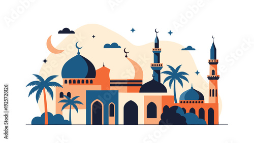 Beautiful evening scene of an Islamic city or mosque complex with blue domes minarets palm trees and a crescent moon in a flat style.