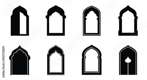 A collection of ornate islamic archways displayed in black silhouette