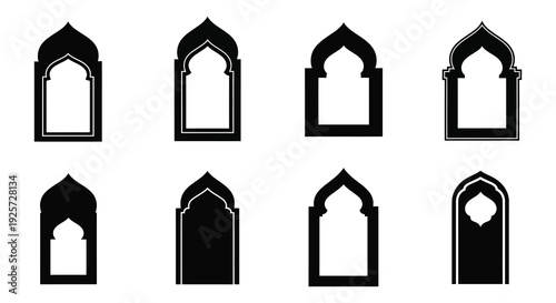 Collection of six black arched window silhouettes on a white background silhouette