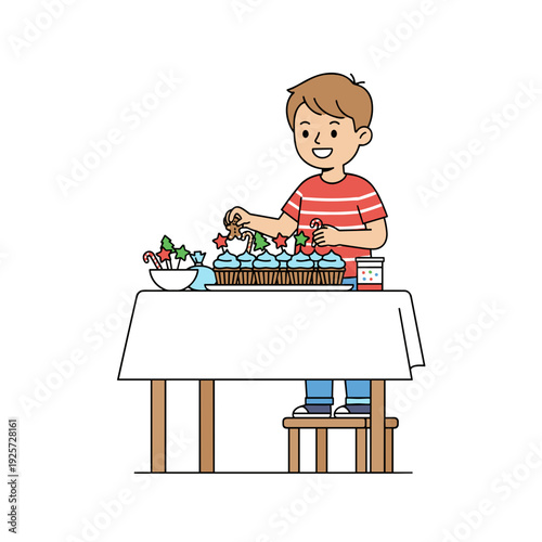 Smiling caucasian boy decorating festive cupcakes with christmas toppers and blue frosting at home kitchen table. Concept of joyful holiday baking