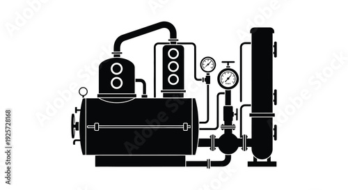 Detailed illustration of a distillery setup in stark black silhouette