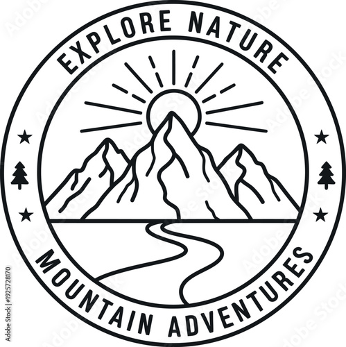 Minimalist black and white circular emblem featuring a majestic mountain range sunrise design with a winding path encouraging exploration and outdoor recreation pursuits