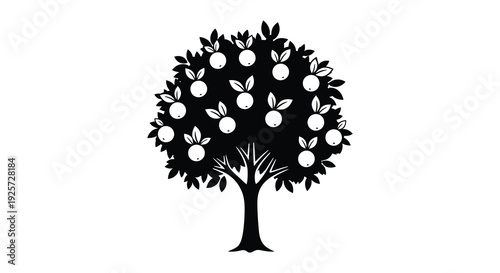 A detailed illustration of an apple tree with full foliage black silhouette